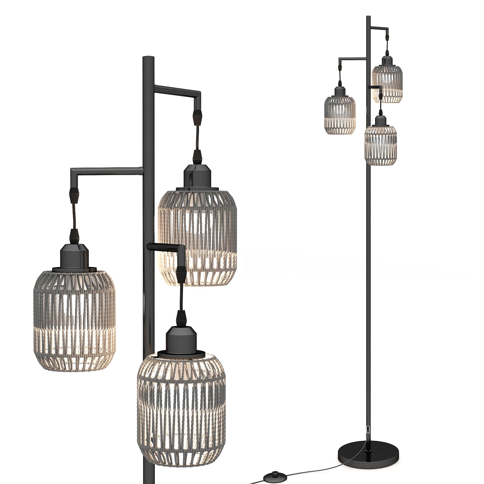 TANGZON 3-Light Floor Lamp, Industrial Metal Standing Lamp with E27 Sockets, Cage Lampshades & Foot Switch, Tall Tree Torchiere Floor Light for Living Room Bedroom Office (Paper Woven Shades, Black)