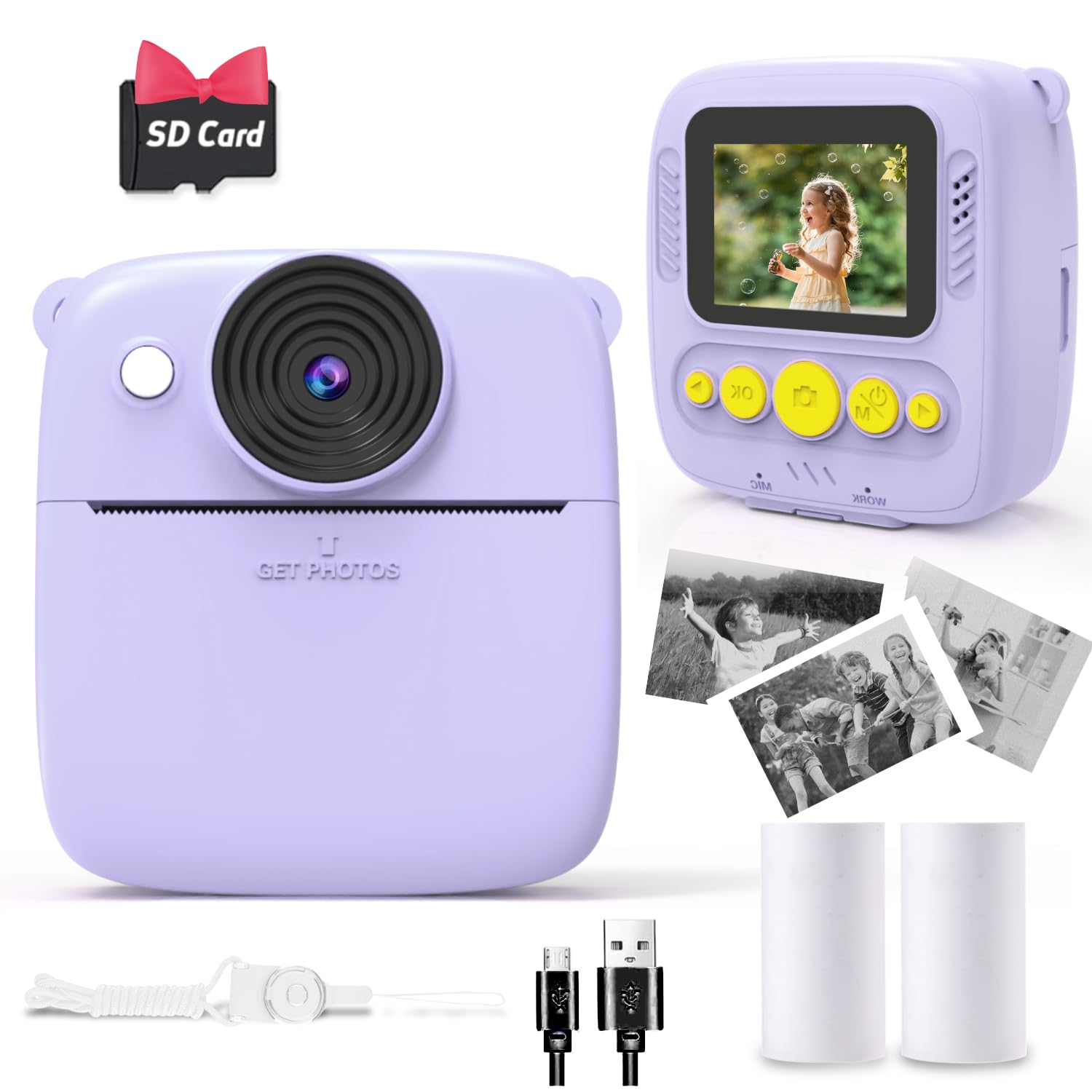 NUOTUN Sofortbildkamera Kinder, Kinder Kamera mit Fotos drucken, 2,0 Zoll HD Bildschirm, 8X Zoom, 1080P Digitalkamera mit Druckpapier & Karte, Kinderkamera Geschenk mädchen & Junge 3-12 Jahre (Lila)