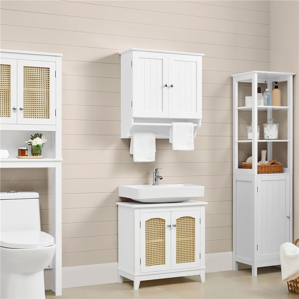 Yaheetech Meuble Haut/Armoire Murale de Salle de Bain en Bois, 60 x 22,5 x 64 cm, 2 Portes/Étagères/Porte-Serviettes, Meuble Suspendu Toilette WC Entrée Blanc
