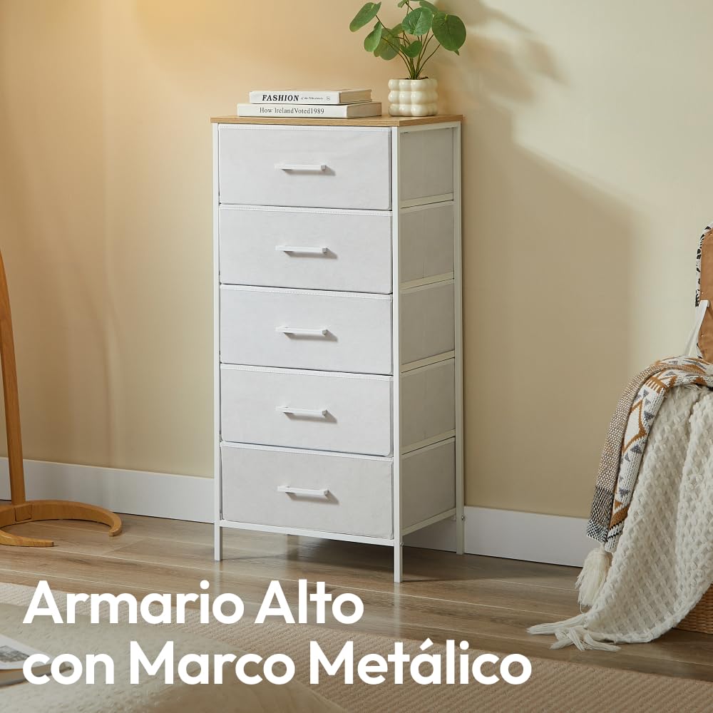 CASABEL cómoda Alta y Estrecha Blanca, 5 cajones de Tela rígida, Metal Blanco y Tablero, 45x30x94cm, cajonera para Dormitorio, salón, recibidor o Pasillo, sinfonier Funcional y práctico