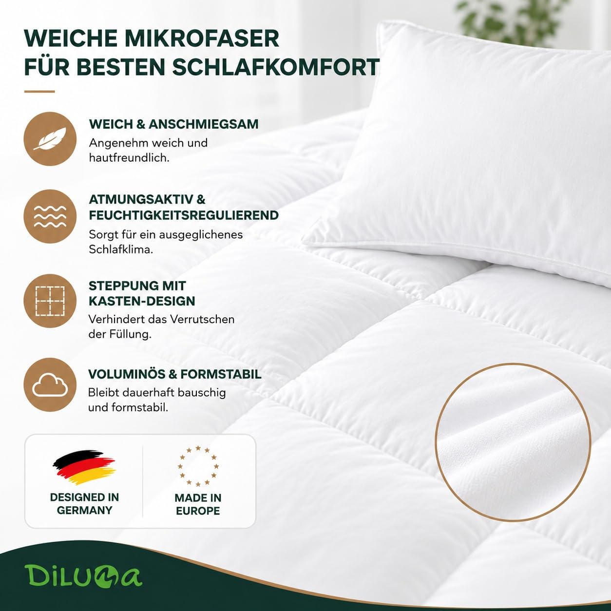 DILUMA Bettdeckenset 135x200 cm Smart 4-teilig - 2X Bettdecke 135x200 cm + 2X Kopfkissen 80x80 cm - Bettdecke und Kissen Set - Ganzjahres Steppdecke Mikrofaser - Ganzjahresdecke mit Kissen