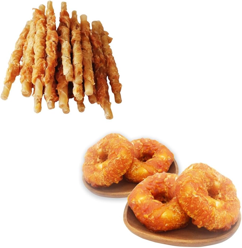 Chicken Wrapped Rawhides Sticks and Donuts Dogs Treats Long Lasting for Large Dog