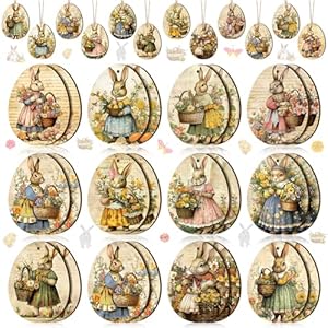 Yookeer 36 Pcs Vantage Easter Wooden Ornaments Retro Easter Decorations for Tree Bunny Ornaments Egg Shape Wood Cutouts with Rope Bunny Mini Signs Hanging Spring Decoration for Small Tree Home Indoor