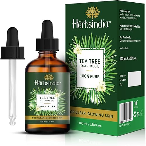 HerbsIndia Aceite esencial de árbol de té para la piel, enorme 3.3 onzas, 100% puro, grado prémium con cuentagotas de vidrio, sin diluir, sin OMG