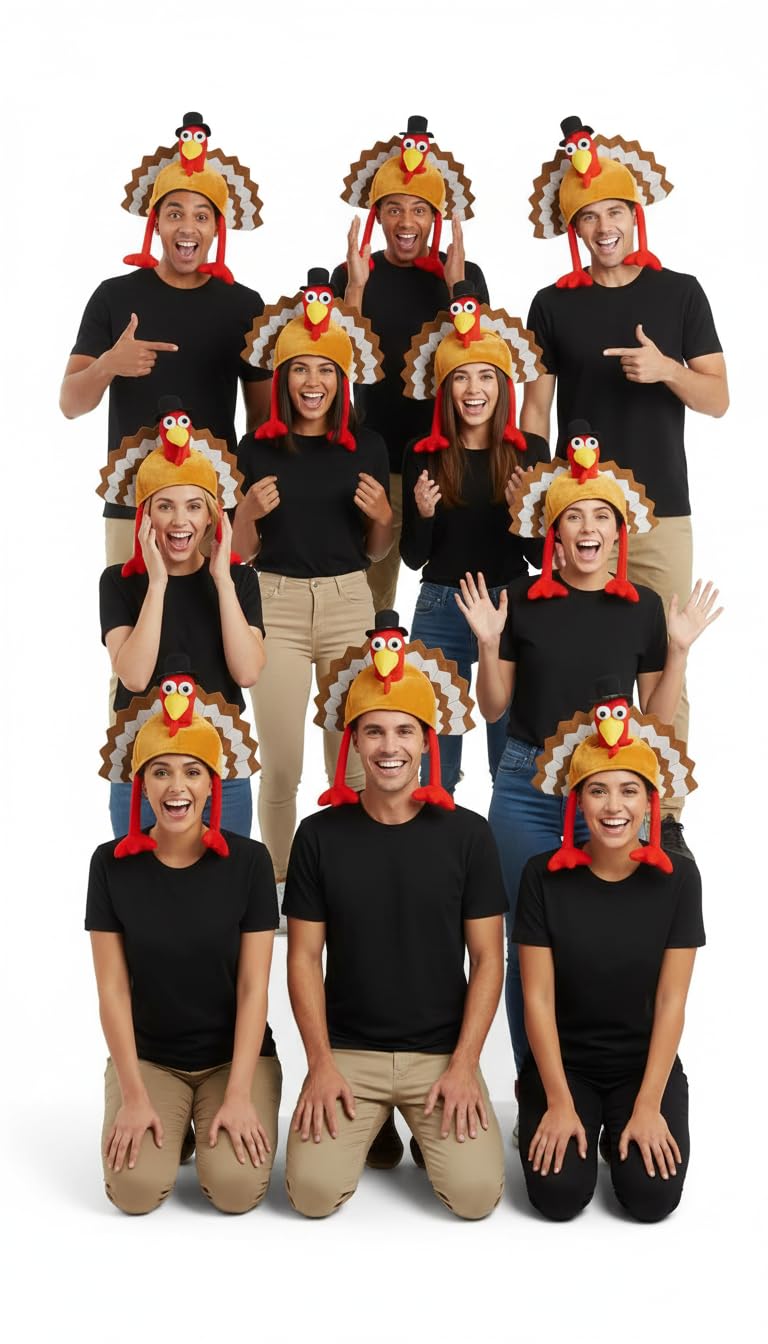 labreeze Pack of 10 Adult Turkey Hats for Christmas | Funny Festive Turkey Headwear | Thanksgiving & Christmas Party Fancy Dress Costume Accessory