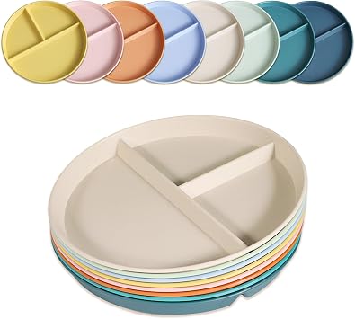 Divided Plates for Adults 8 Packs, Unbreakable Portion Control Plate Sectioned with Dividers, 9 Inch Plastic Food Separator Dinner Plates Lightweight Compartment BPA Free Reusable Microwave Safe