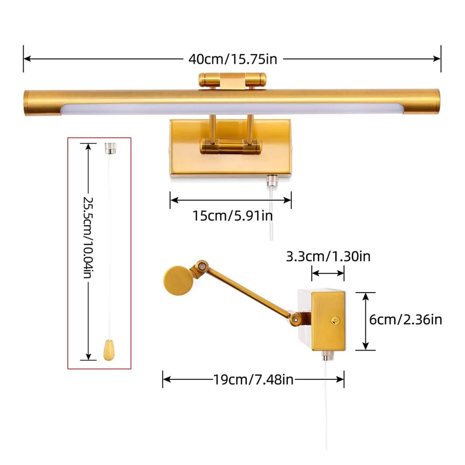 Applique da parete 8W, luce LED for specchio bagno con testa girevole e interruttore a strappo for lampade comodino camera letto(101A BS 495mm 4000k)