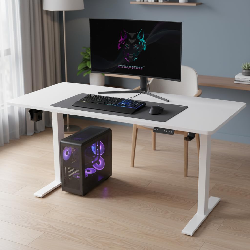 Hydraulic Height Adjustable Desk | Ergonomic Sit-Stand Office & Gaming Table | Manual Height Adjustment | Work from Home Desk | Heavy Duty Steel Frame (White, 110 x 60 x 70 CM)