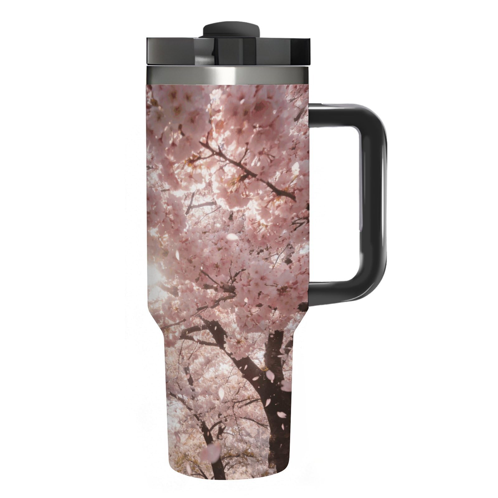 Cherry Blossoms - Vaso de café de viaje de acero inoxidable, taza de café con tapa y popote, taza con asa, gran capacidad, doble pared al vacío, taza térmica de café helado, 40 onzas