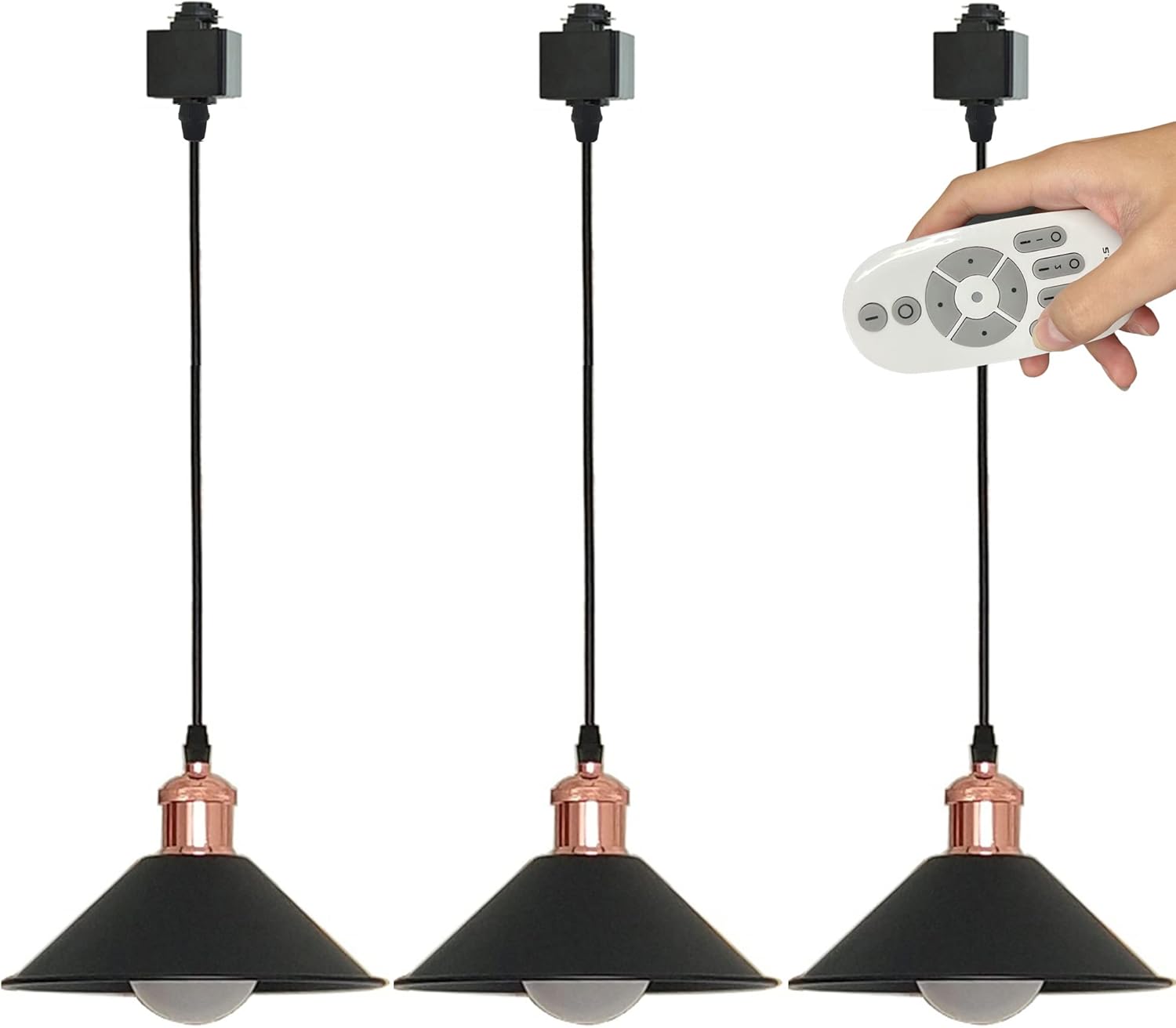 Iron H-Type Track Pendant Lighting with Cord Total Length 4FT Customizable Black Lampshade Remote Control with E26 LED Bulbs Track Mount Pendants for Industrial Style Kitchen Island TB0181