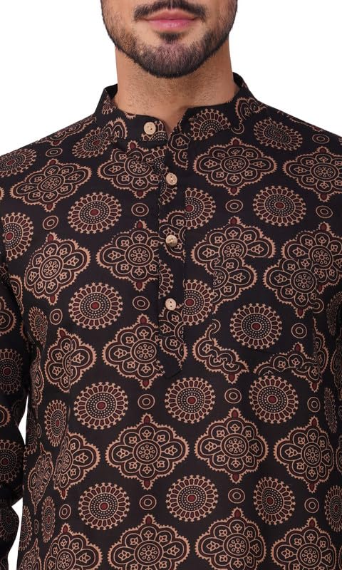 Image of Vastraa Fusion Men's Handloom Weaving Pure Cotton Short Kurta, Round Collar, Full Sleeves,Button Kurta, Ethnic Wear