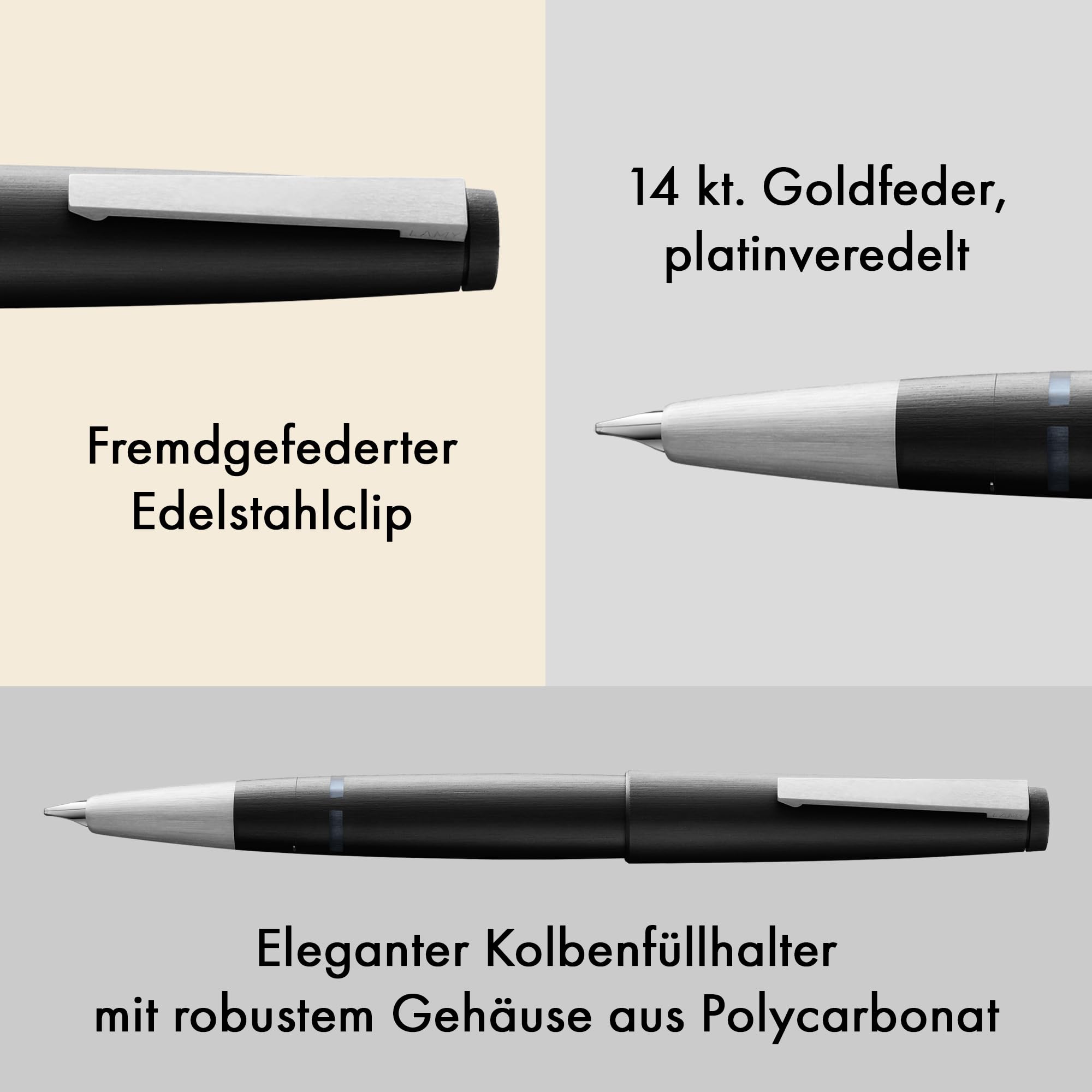 Lamy 2000 black Füller in Strichbreite M | Lamy Füller im robusten Gehäuse aus Polycarbonat – 14 kt. Goldfeder, partiell platiniert