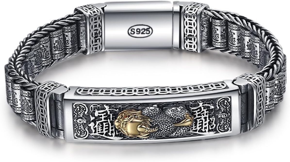 Vintage Pi Xiu Feng Shui Bracelet S925 Stering Silver Bracelets, Engrave Cameo Bangle Protection Amulet Wealth Lucky Love Jewelry, Release the Pressure for Men and Women