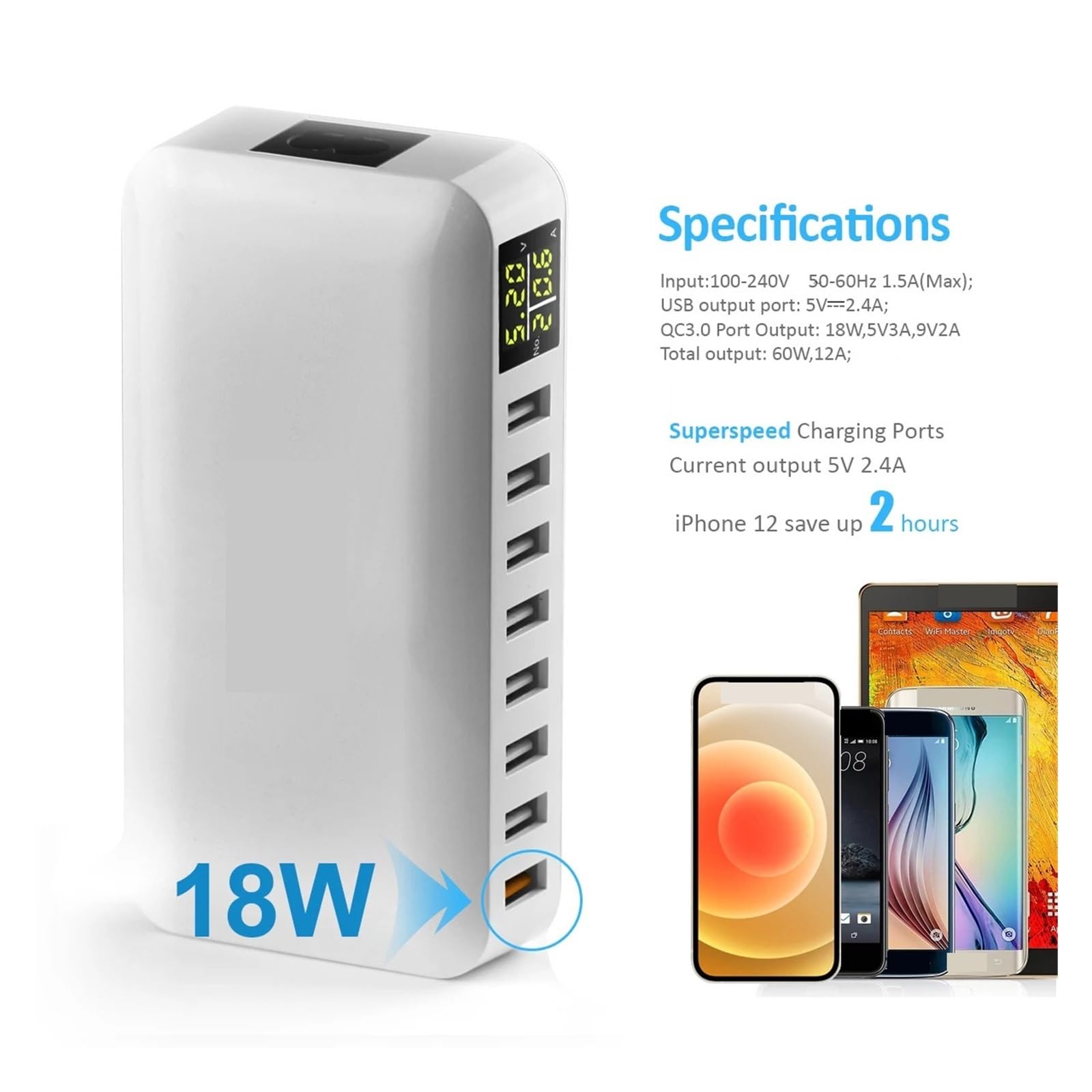 60W 8-portowa Szybka Ładowarka USB QC3.0 HUB Inteligentny Wyświetlacz LED Szybkiego Ładowania Multi Stacja Ładująca Telefon Komórkowy Pulpit Home MożLiwość Szybkiego łAdowania