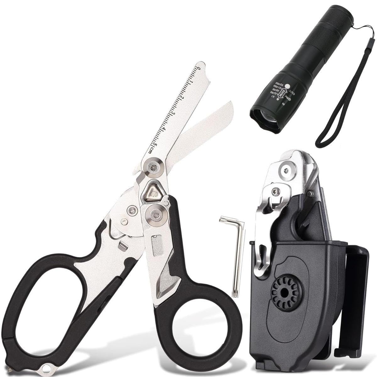 Trauma Shear ssuit,Emergency Shears with Strap Cutter ，Waterproof flashlight and Glass Breaker and Utility Holster Included（ 7in1）