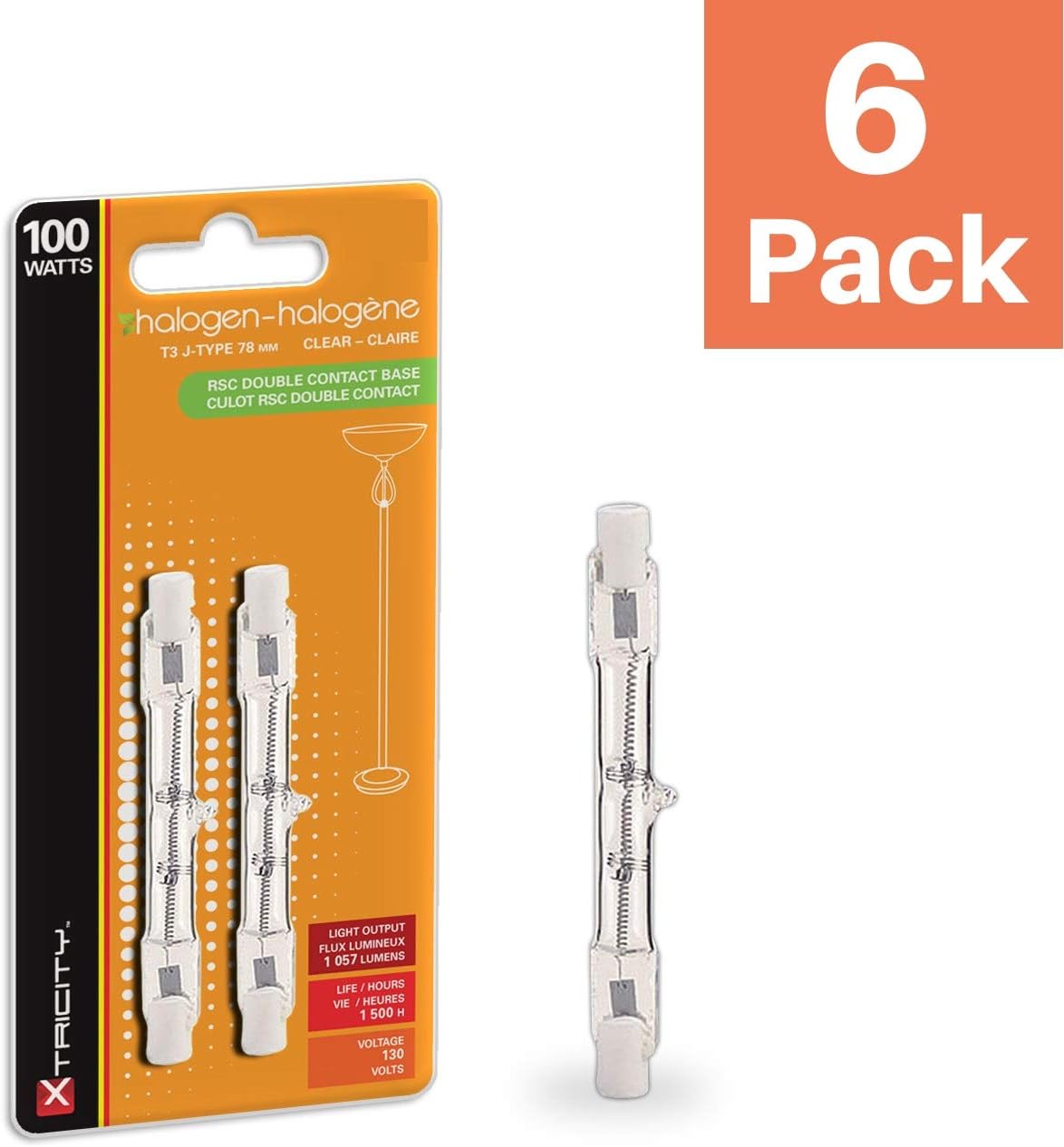 Xtricity T3 J Type Bulb Double Ended RSC Base Halogen Light Bulbs 100 watt, 1057 Lumens, 130V, 2700K Soft White, Dimmable, 78 MM, (6 Pack)