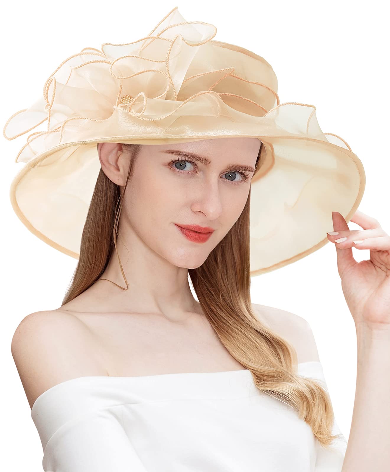 ELLYDOOR Women Derby Fascinator Hat Organza Church Wedding Hat Wide Brim Cocktail Tea Party Hat, 14beige, One Size