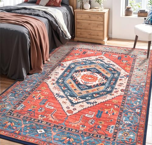 SERISSA Area Rug 3x5 Boho Rugs for Bedroom, Washable Non-Slip Kitchen Rugs, Ultra Soft Print Distressed Tribal Rust Rug Low-Pile Throw Rug Carpet for Entry Bedroom Nursery Living Room Dorm Decor
