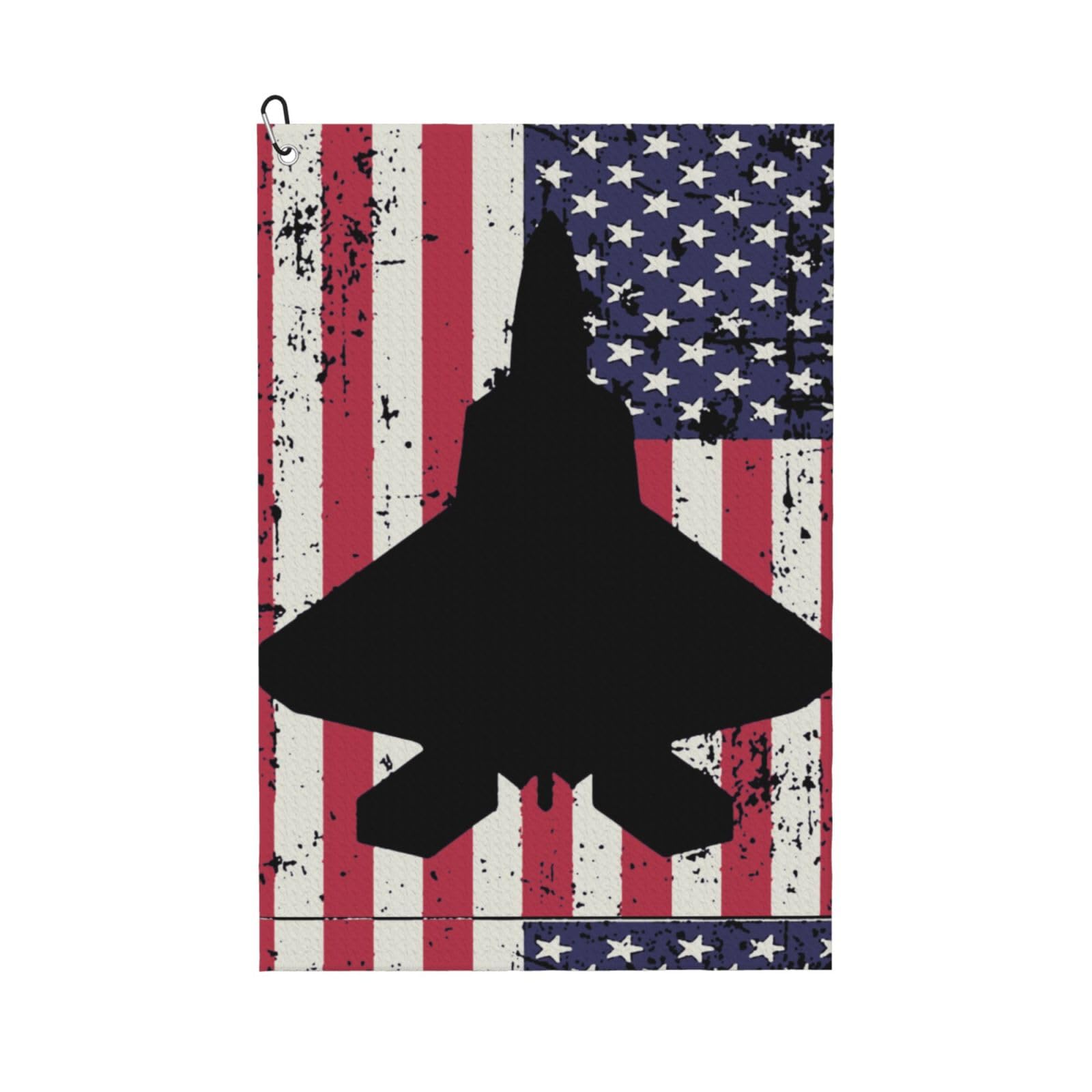 peiyeety Patriotic F-22 Raptor Fighter Jet U.S.Flag Microfiber Golf Towel with Carabiner Clip, 16x24 Inch Absorbent Waffle Weave Towel for Golf Bags