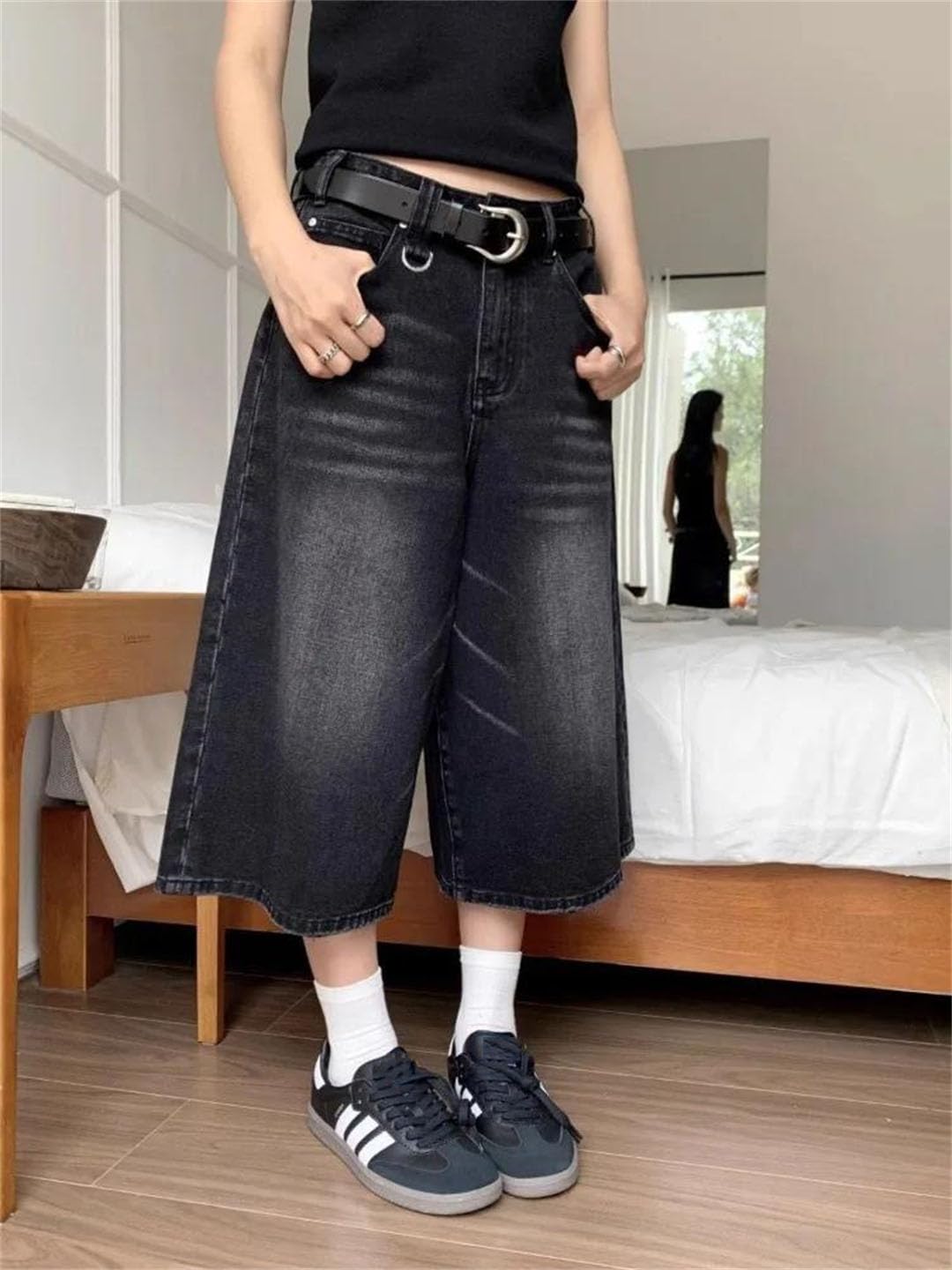 Damskie szorty dżinsowe z wysokim stanem retro sprane na co dzień luźny krój streetwear średnie długie krótkie, Czarny, S