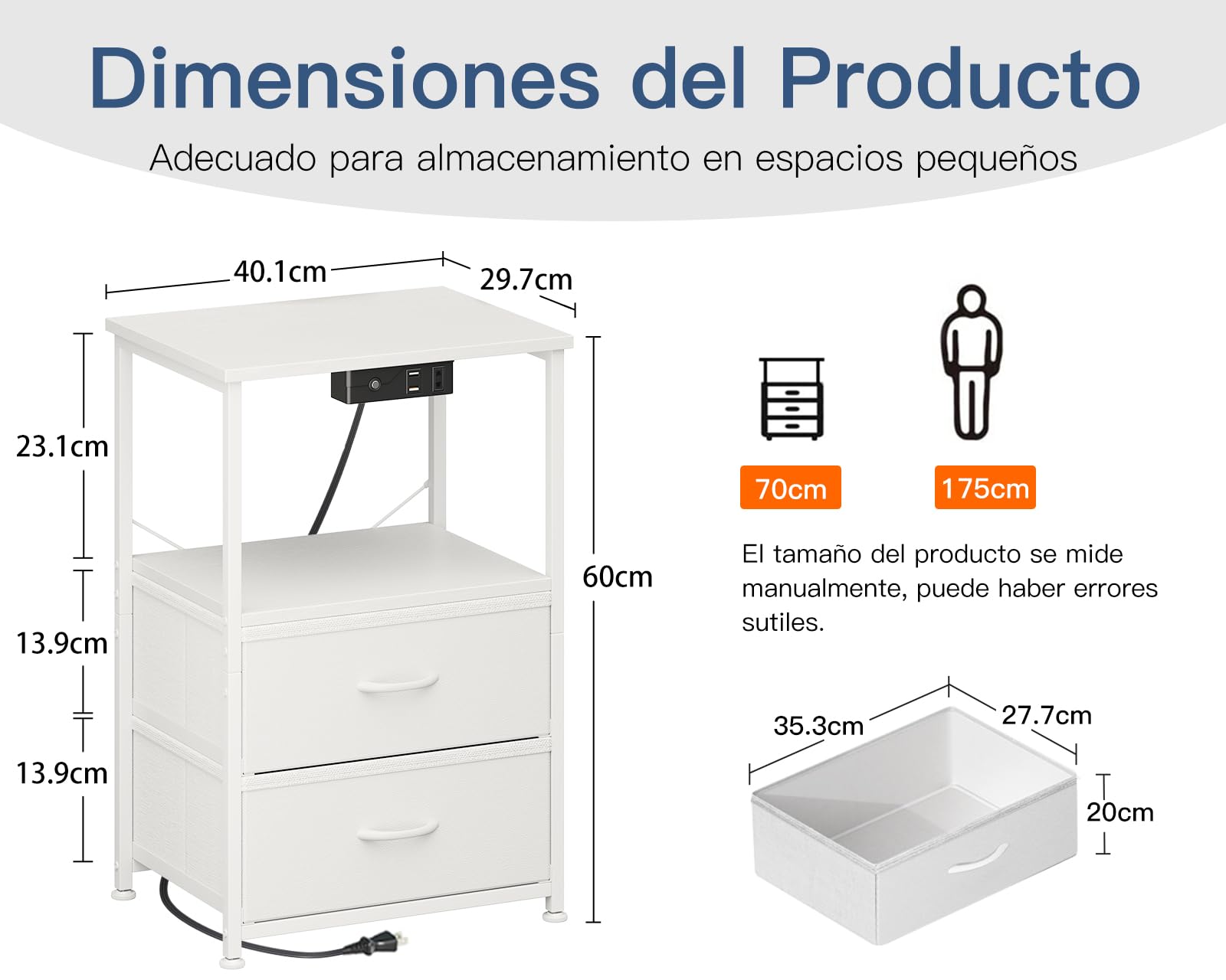 Coleshome Mesitas de Noche, con Enchufe, 2 Puertos USB y Tira de Luces LED, Mesita de Noche con 2 Cajones de Tela y 1 Espacio de Almacenamiento, 40 x 30 x 60 cm, 1 Paquete