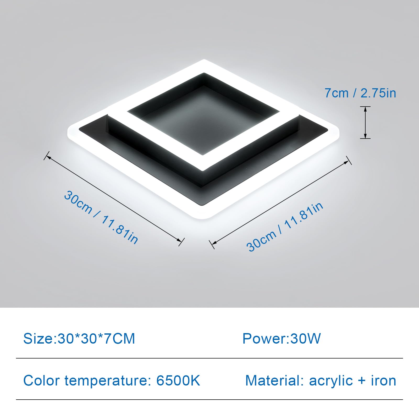 SENQIU LED Ceiling Light, 30W 3375LM Black Square Acrylic Ceiling Lamp - Image 4