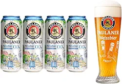Kit 4 Cervejas Paulaner Weiss Zero Álcool Lata 500ml + Copo Prost