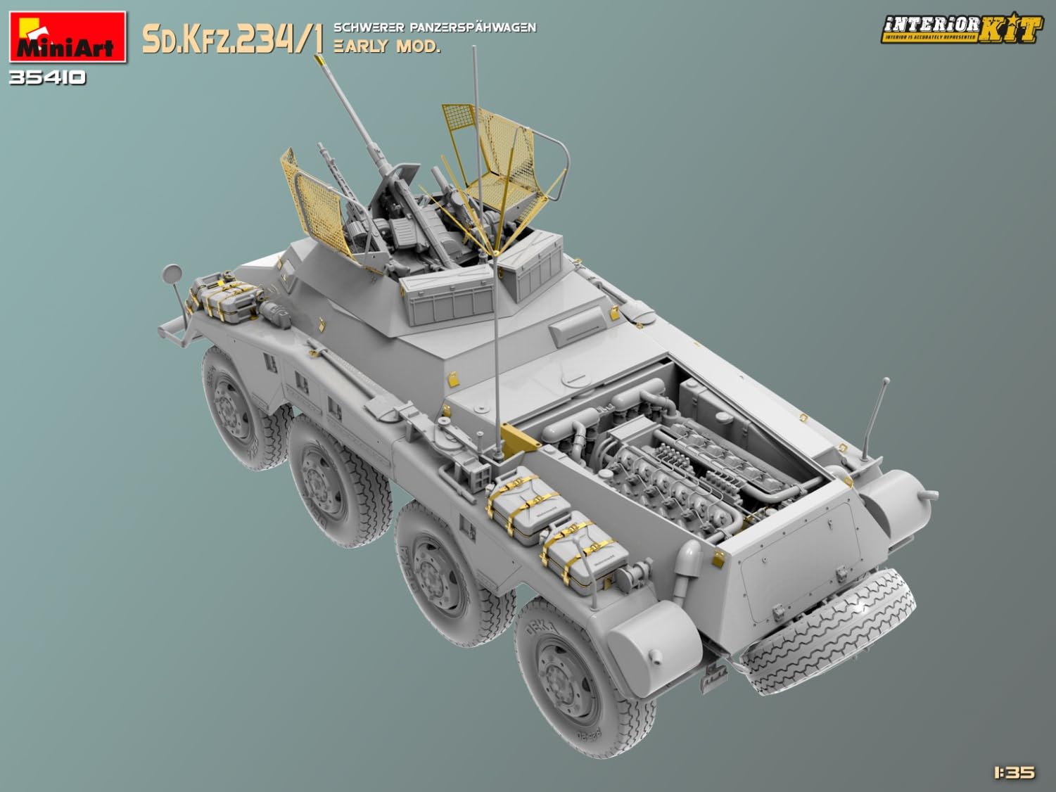 Mini Art 35410 1:35 Sd. Kfz 234/4 Pancerspähwag z Int. - wierna replika, modelarstwo, plastikowy zestaw do montażu, majsterkowanie, hobby, klejenie, zestaw modelarski, montaż, nielakierowany