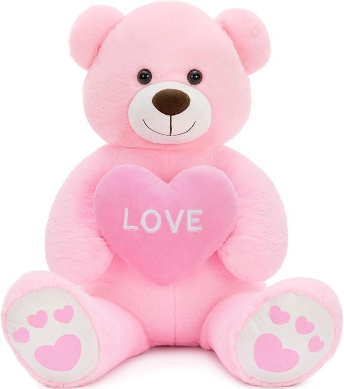 Big Teddy Bear Stuffed Animal, Soft Cute Large Valentines Pink Teddy Bear Plush with Red Heart, Love Stuffed Bear Plushie as Christmas Gift for Girlfriend Wife Kids, Baby Shower Decor, 36″