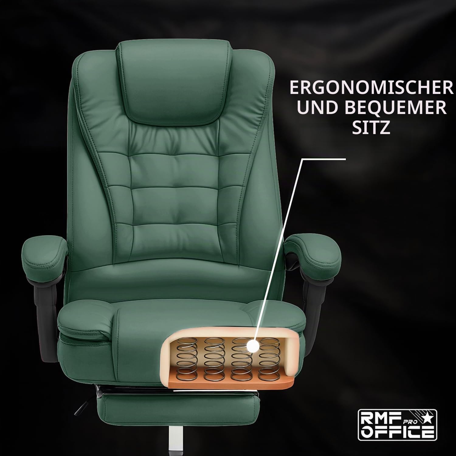 RMF Ergonomischer professioneller klappbarer Bürostuhl, bequemer und entspannender Schreibtischstuhl mit Fußstütze - entspannender Sessel mit drehbaren Rädern, höhenverstellbar grün