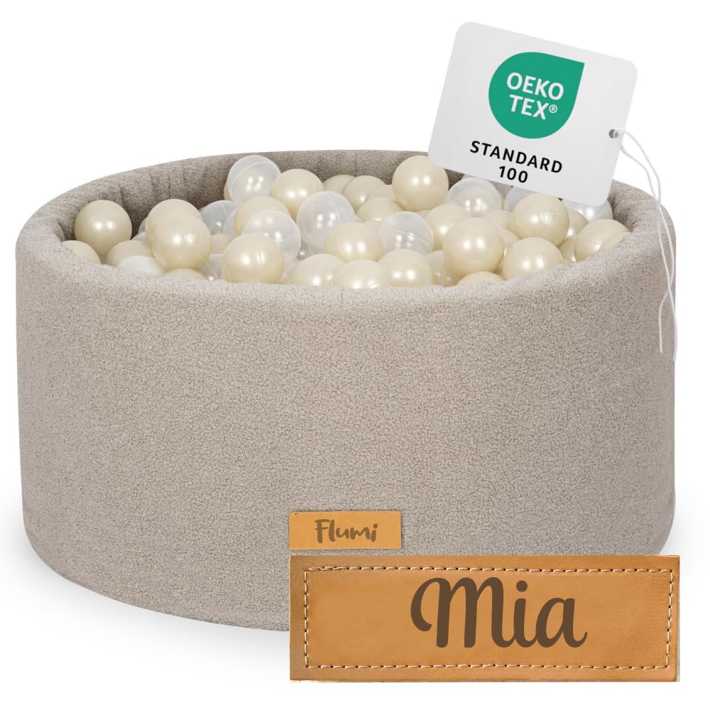 Flumi Piscina a Palline Personalizzata per Bambini da 1 Anno - Piscina a Palline per Bambini 90x40cm con 200 Palline ∅ 7cm Made in EU - Certificazione Oeko-Tex e CE (Teddy Grigio)