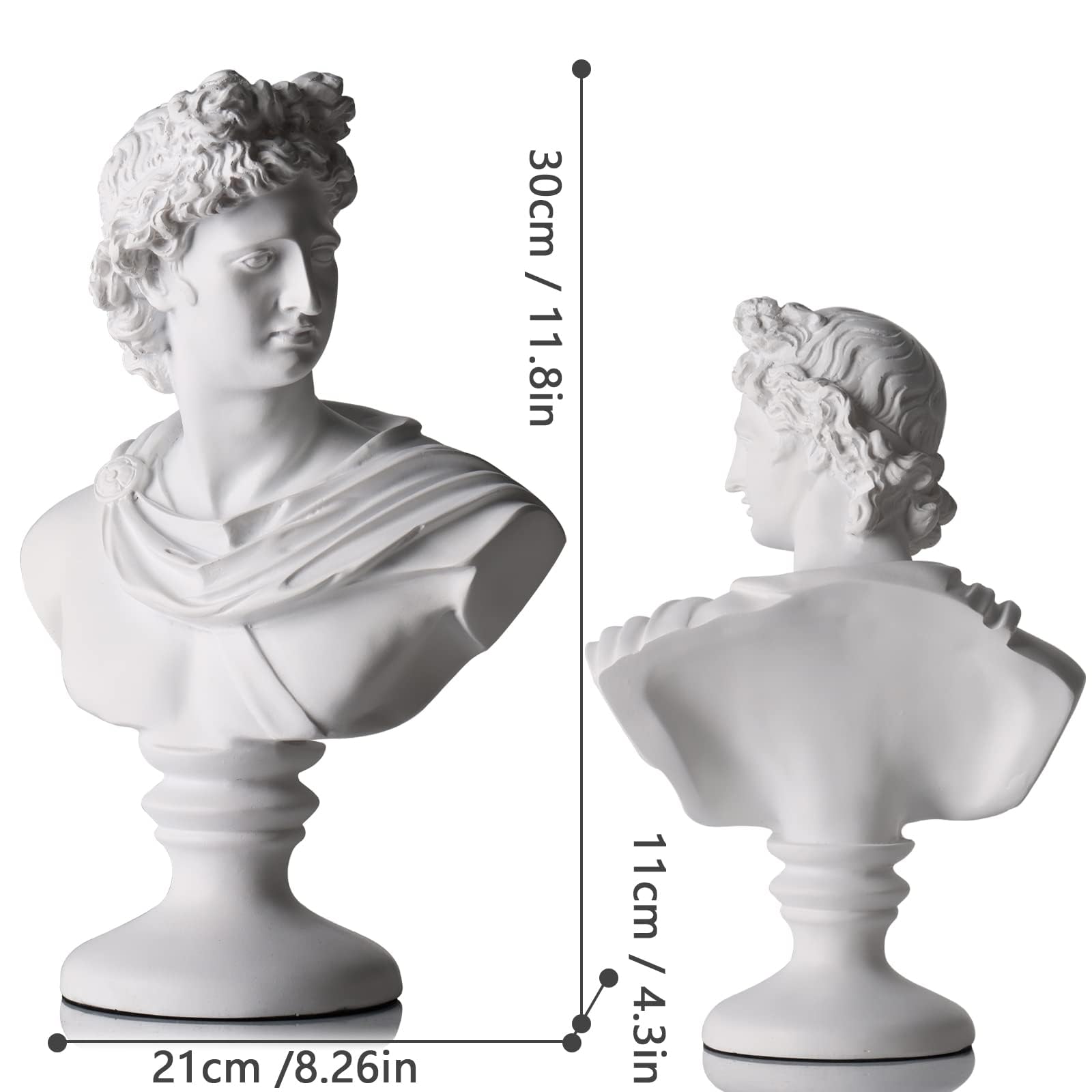 XMGZQ David Statue,Apollo Büsten Statue,Klassische Griechische Mythologie David Kopf,Römisches Büste Statue,Marmorharz,weiß,30 cm,Michelangelo Home Dekoration,Skizze Praxis Geschenk