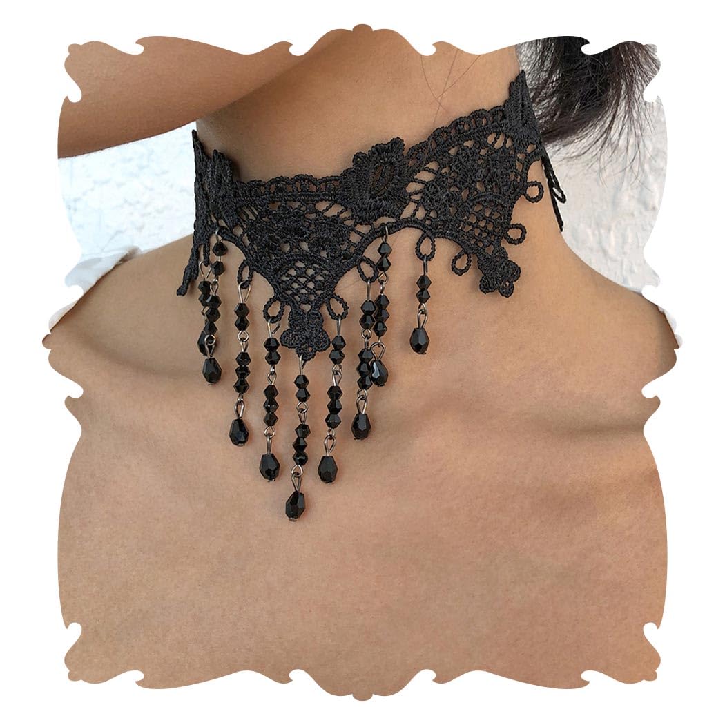 Collana girocollo in pizzo gotico nero in tessuto di cotone