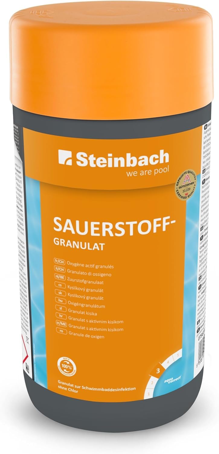 Steinbach Poolpflege Sauerstoffgranulat - 0756001TV04-4 kg - Pooldesinfektion ohne Chlor - Aktivsauerstoff zur Wasserpflege - Schnelle Desinfektion & Oxidation - Für Erstdosierung & Dauerdosierung