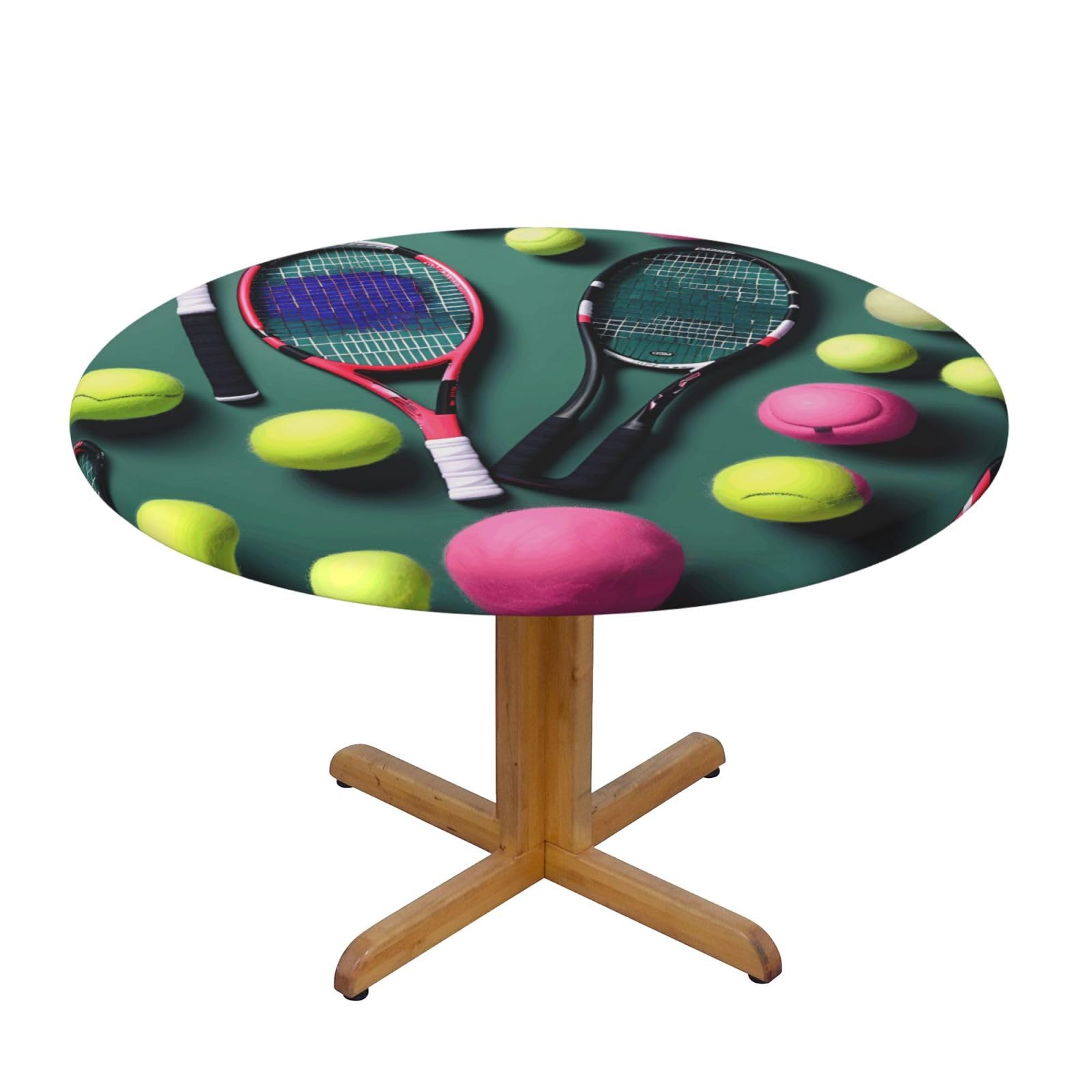 Funny Tennis Racquets And Tennis Balls Print Round Tablecloth Waterproof Table Cover Wipe Clean Washable Table Protector For Dining Room