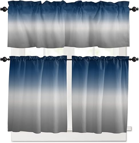 Juego de cenefas y niveles de cortina de cocina azul y gris, con bolsillo para barra, juego de 3 piezas, color degradado gradual y moderno, para