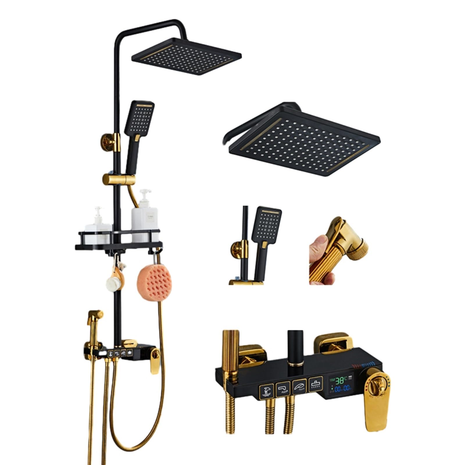 Pommeau de douche thermostatique luxe noir et or avec colonne élégante