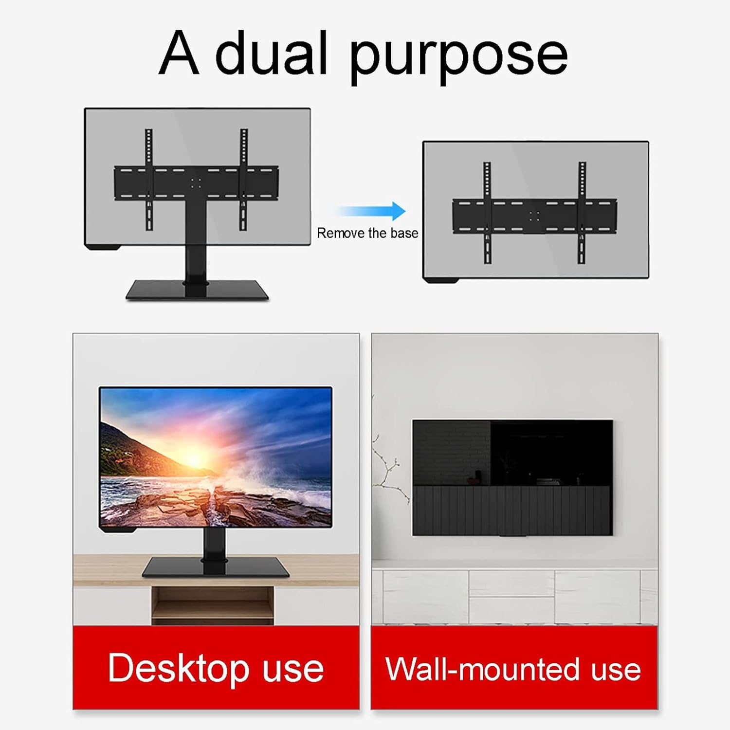 TV Mounts,TV Stand Mount, Adjustable Height Table Top TV Stands, with Tempered Glass Base, for 32-65 Inch TV Stand Mount, Loading 99 Lbs