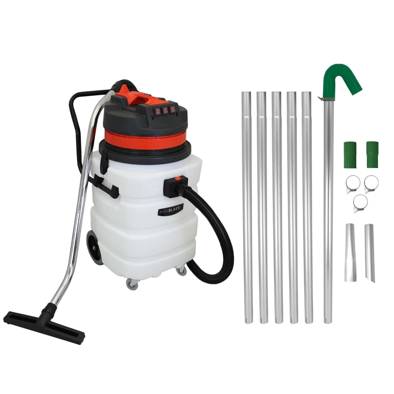 Sistema Pulizia Grondaie con Aspiratore Industriale 90L Solidi e Liquidi 3000W Triplo Motore Tubi Alluminio 1.2m–7.2m Ø51mm Ugelli Intercambiabili Cavo 6.5m Tubo 1.5m