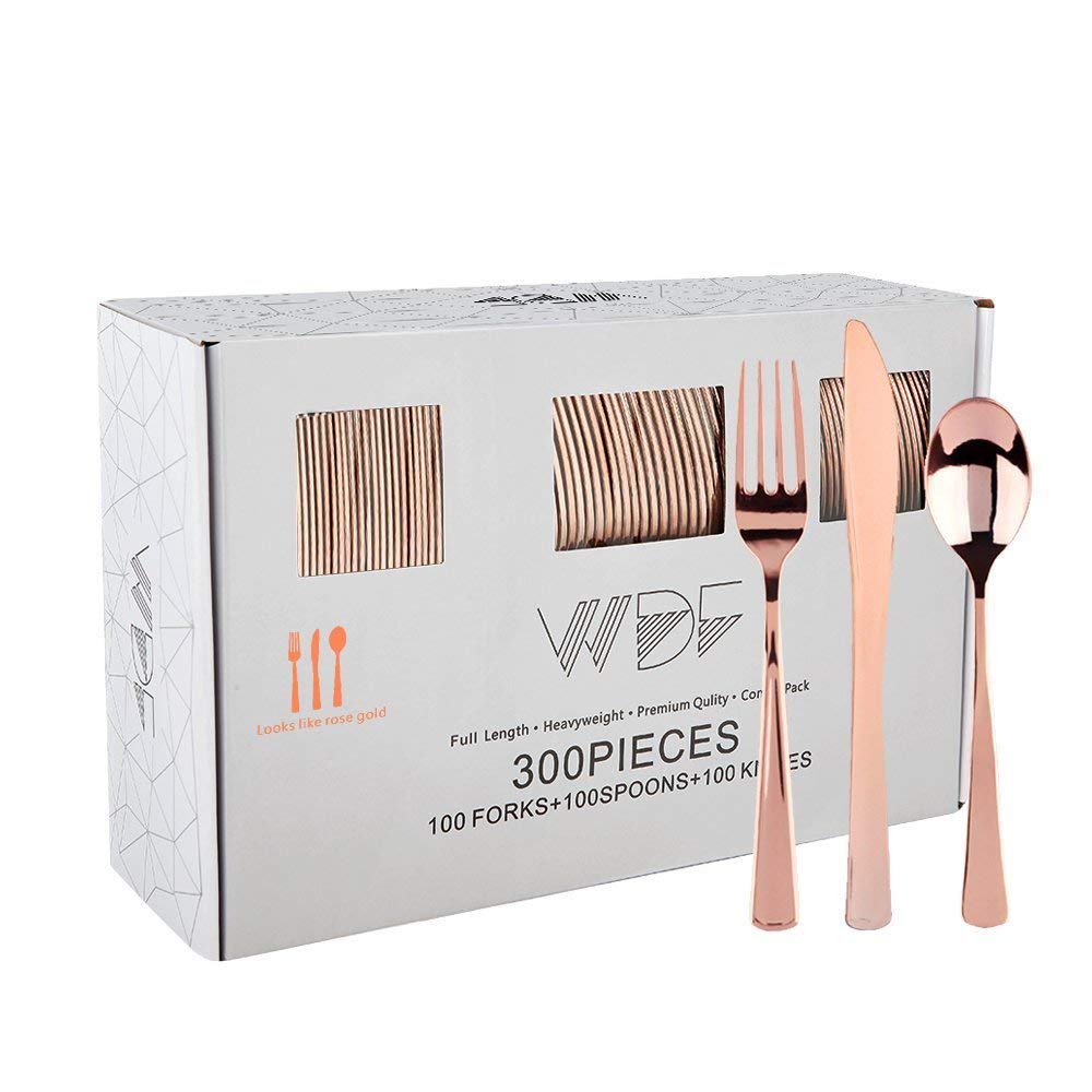 WDF 300 Pieces Rose Gold Plastic Silverware- Disposable Flatware Set - Heavy Duty Plastic Cutlery Includes 100 Forks, 100 Spoons, 100 Knives Perfect for Wedding/Party/Birthday