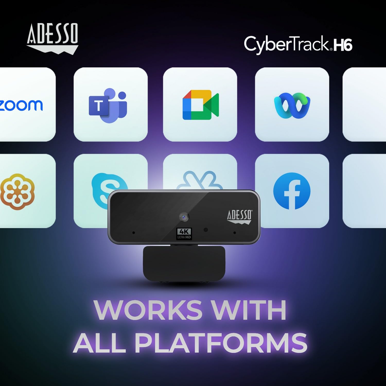 Adesso CyberTrack H6 Webcam USB 4K Ultra HD avec Microphone stéréo intégré et obturateur de confidentialité, Suppression du Bruit, PC/Ordinateur Portable/Mac/Tablette, Fonctionne avec Skype, Zoom,