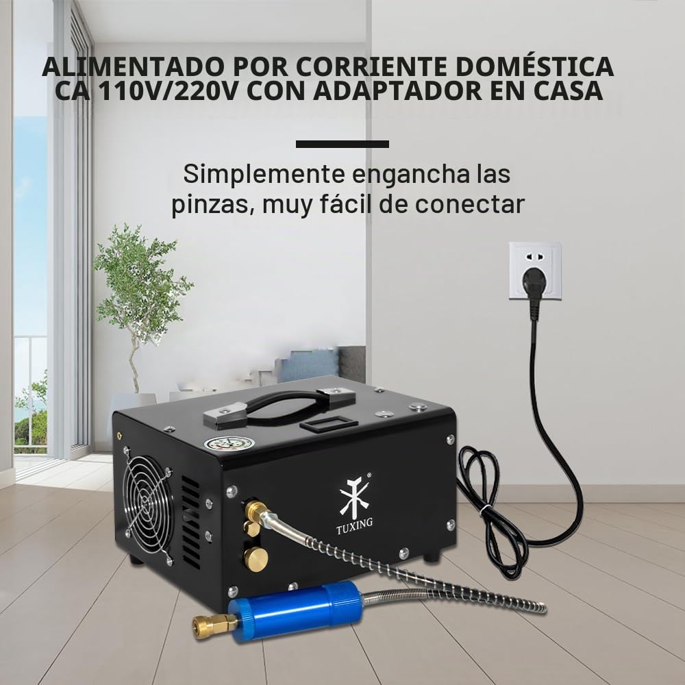 TUXING 300Bar 30Mpa, compresor portátil de 12 V para PC, sin aceite, alimentación de 12 V CC o 220 V CA para el hogar con adaptador, rifle de aire inflador para PC(TXET061-1)