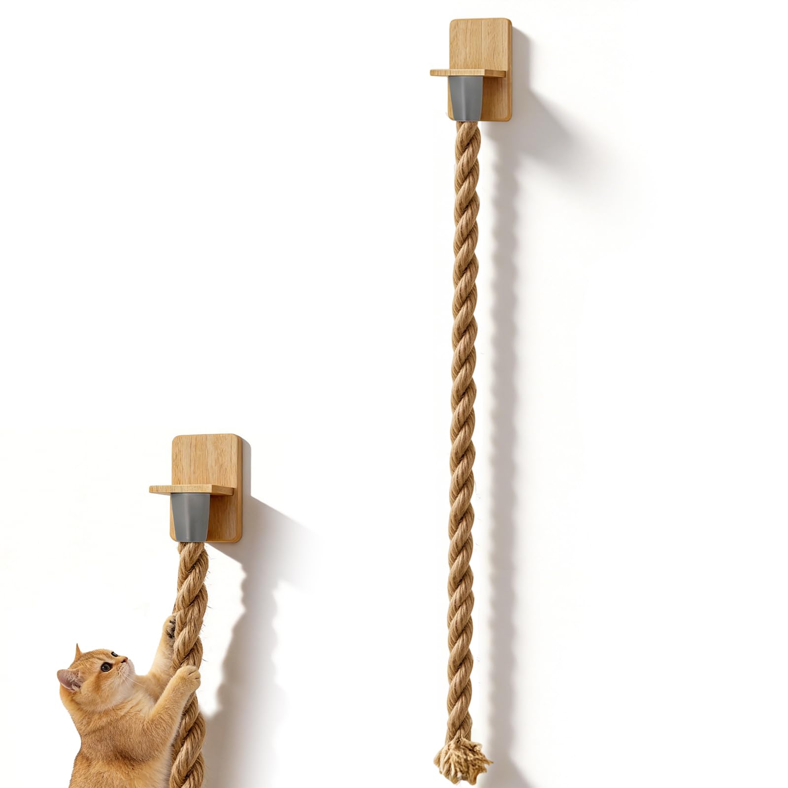 59" Cat Climbing Rope, Wall-Mounted Cat Rope Ladder with Mounting Screws Made of Natural Wood 150CM Sisal Rope for Indoor Outdoor Cats Playing