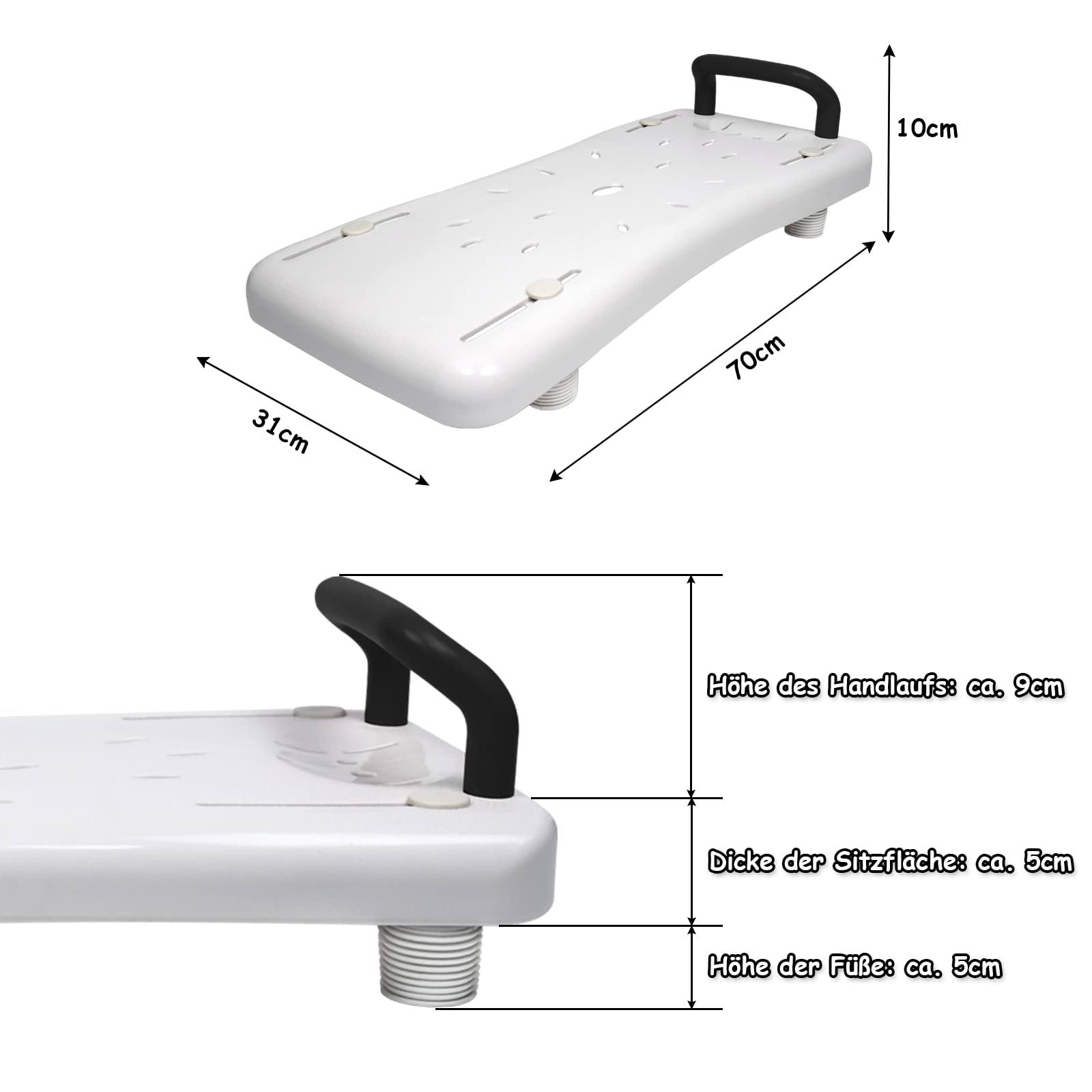 Froadp 70x31x5cm Badewannensitz mit Schwarz Griff Badewannenbrett zum Sitzen aus PP Wannensitz Badewanne Sitzbrett für Erwachsene Senioren Schwangere 41-63cm Einstellbarer Abstand