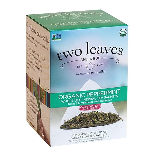 Two Leaves and a Bud Bolsas de té de menta orgánica, naturalmente sin cafeína, té de menta de hoja entera de hierbas en sobres compostables, 15