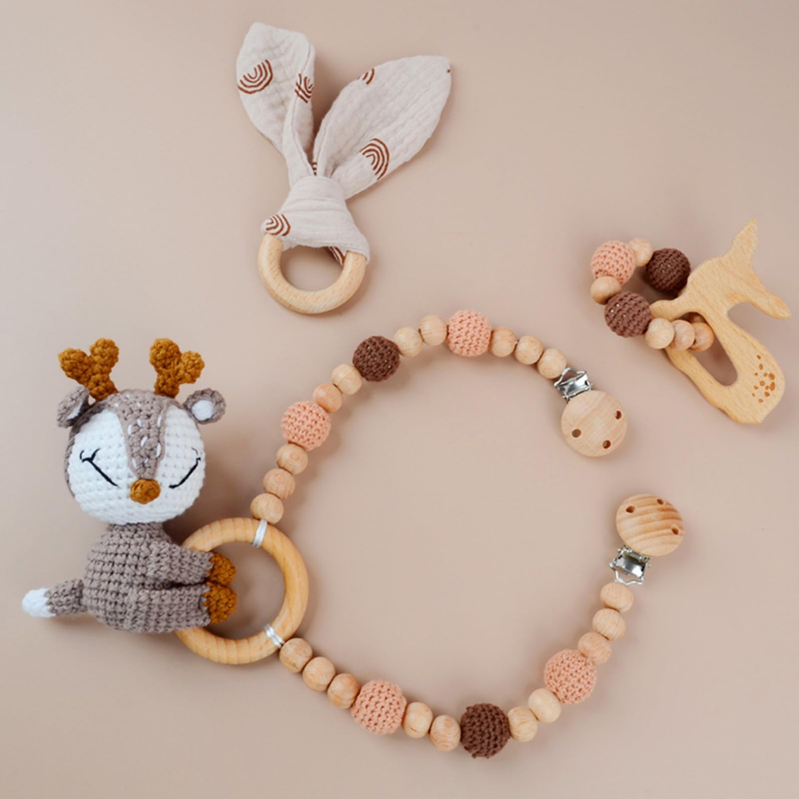 Kinderwagen Spielzeug, Kinderwagenkette Aus Holz und Baumwolle Gehäkelt, Kinderwagen Kette für Babys, Babyschale Spielzeug mit Glocke für Babys und Kleinkinder ab 0+ Monaten (C)