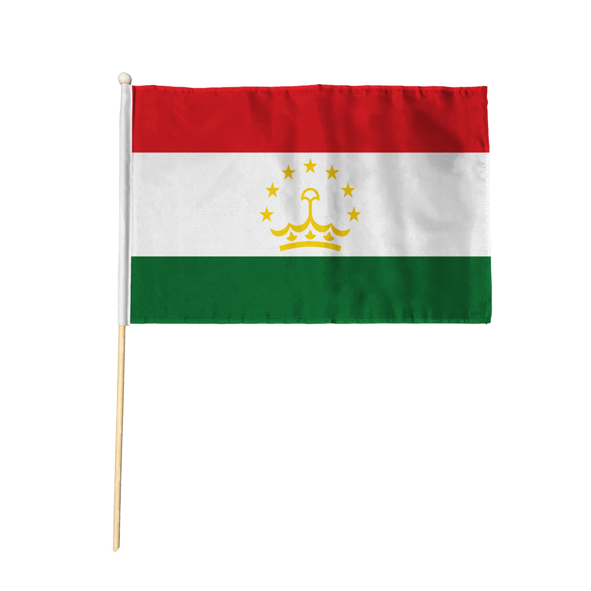 Flagtex Tajikistan Pack of 12 Hand Waving Flag (18x12 Inch Large) - Premium Wooden Stick Hand Flag Big Size Natural Wood Pole Tajik National Flag Events Parades Celebrations International Sports — image 1