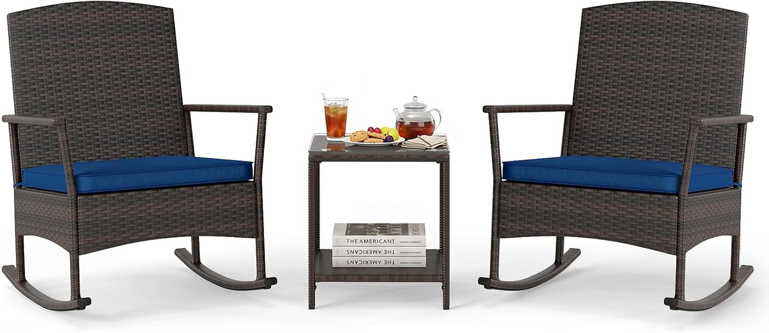 Tangkula 3 Pieces Rocking Wicker Bistro Set, Outdoor Front Porch Rocker Chairs Conversation Set with 2-Tier Tempered Glass Coffee Table and Thick Cushions for Garden, Balcony, Poolside (Navy)
