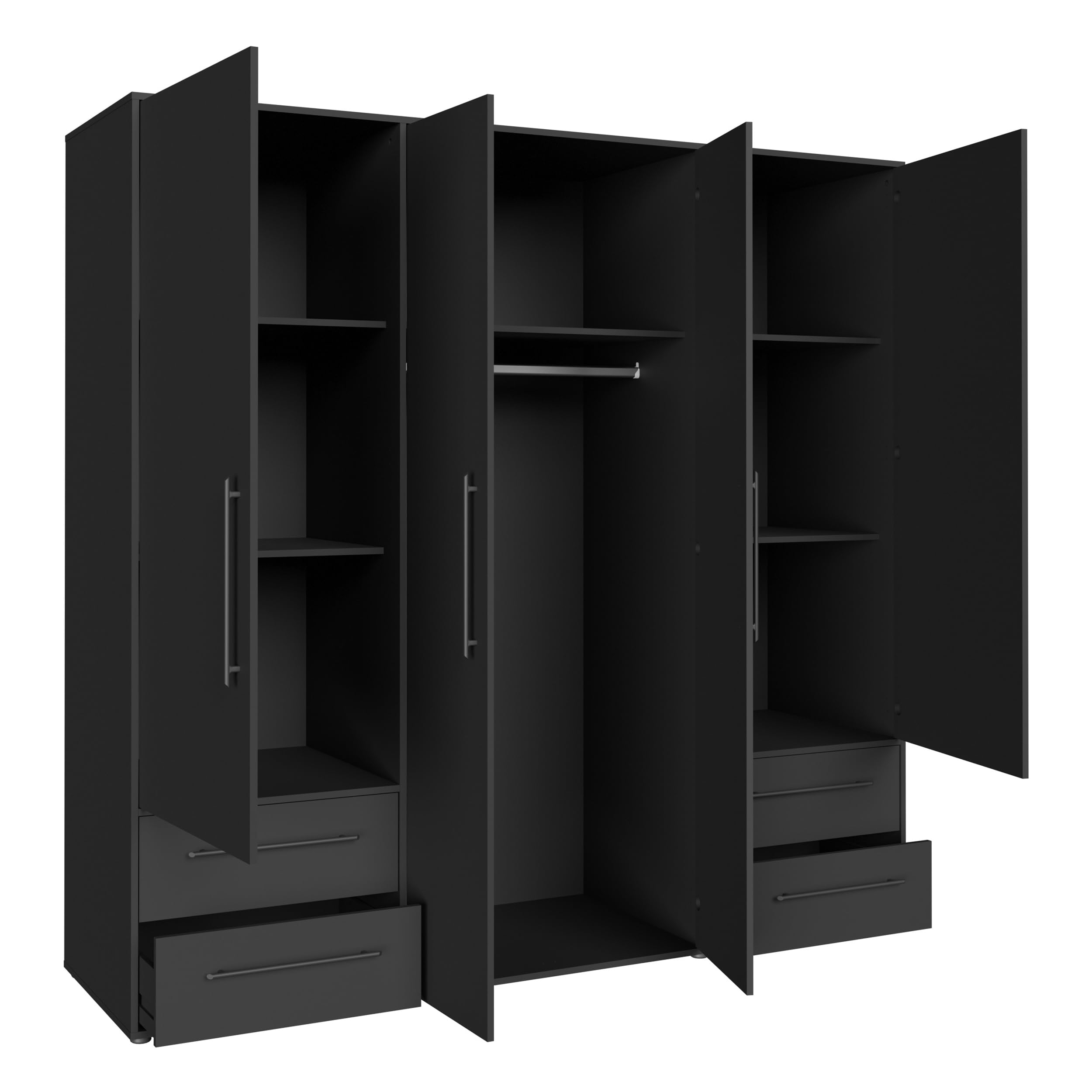 Forte Jupiter 200 210 - Armadio a 4 ante a 4 ante con 4 cassetti, in legno, colore nero opaco, larghezza 205,9 cm, altezza 200,1 cm, profondità 58,8 cm