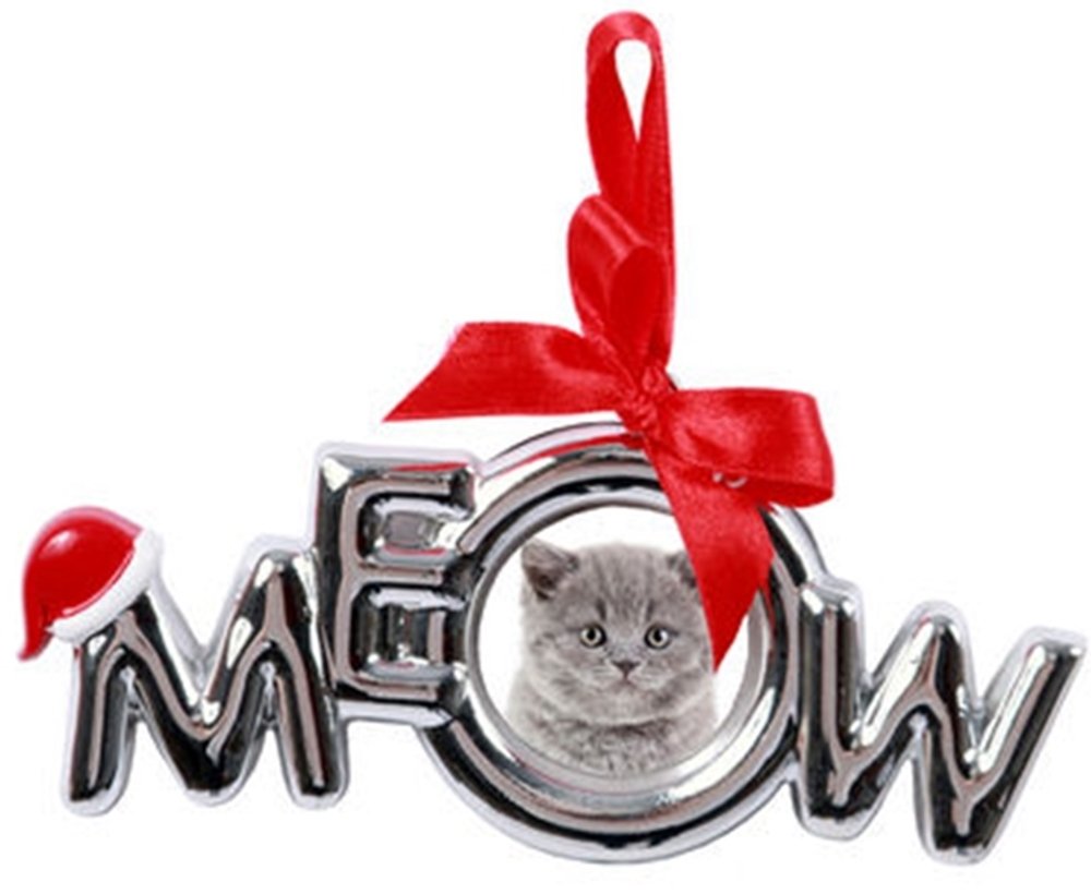 (MEOW) - Picture Frame Christmas Ornament with Santa Hat and Red Ribbon Bow (MEOW)